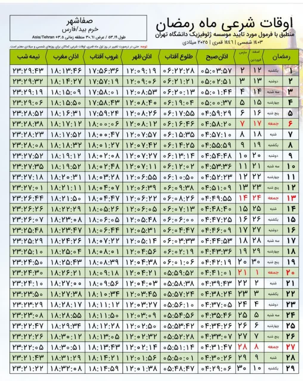 اوقات شرعی ماه مبارک رمضان به افق صفاشهر اوقات شرعی ماه مبارک رمضان به افق صفاشهر