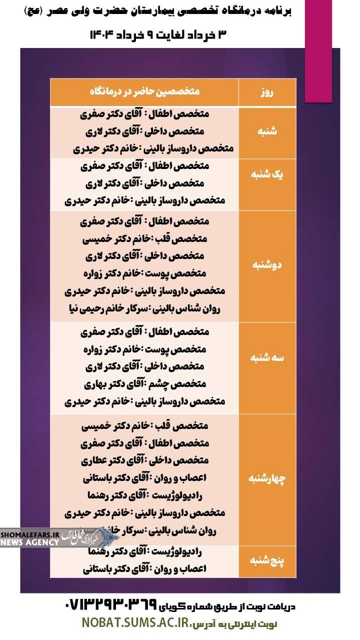 برنامه درمانگاه تخصصی بیمارستان حضرت ولی عصر(عج) ۳ خرداد لغایت ۹ خرداد۱۴۰۴