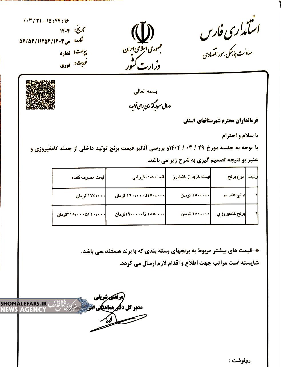 بخشنامه استانداری فارس در خصوص قیمت برنج ایرانی بخشنامه استانداری فارس در خصوص قیمت برنج ایرانی
