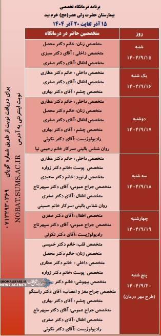 برنامه درمانگاه تخصصی بیمارستان ولیعصر عج خرم بید - ۱۵ آذر ماه لغایت ۲۰ آذر ماه ۱۴۰۴ برنامه درمانگاه تخصصی بیمارستان ولیعصر عج خرم بید – ۱۵ آذر ماه لغایت ۲۰ آذر ماه ۱۴۰۴