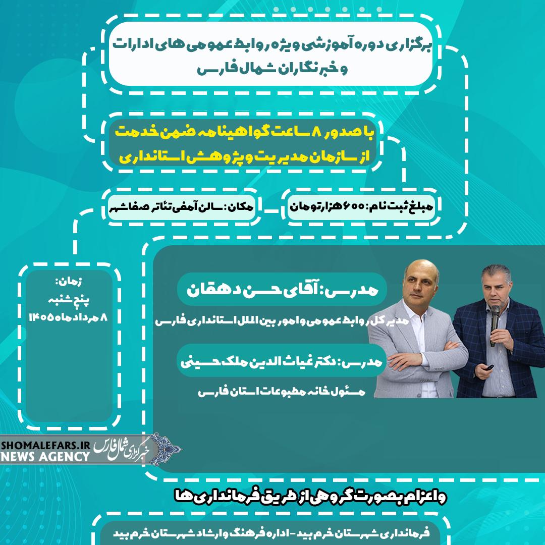 دوره آموزشی ویژه روابط عمومیهای ادارات و خبرنگاران شمال فارس دوره آموزشی ویژه روابط عمومیهای ادارات و خبرنگاران شمال فارس