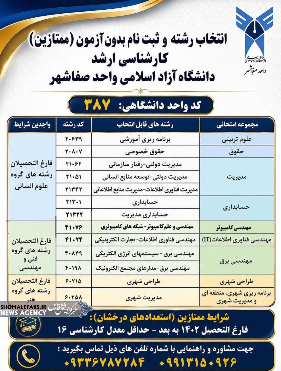 انتخاب رشته و ثبت نام بدون آزمون (استعدادهای درخشان) کارشناسی ارشد دانشگاه آزاد اسلامی واحد صفاشهر از ۵ تا ۱۳ شهریور ماه